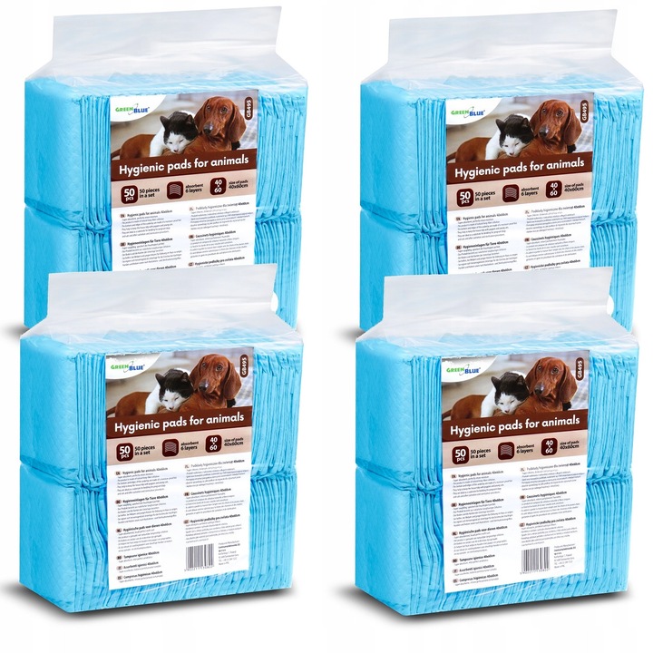 Set 4 pachete de 50 bucati, mata igienica pentru caini si pisici, GreenBlue GB495, 40x60cm, absorbanta, din celuloza naturala