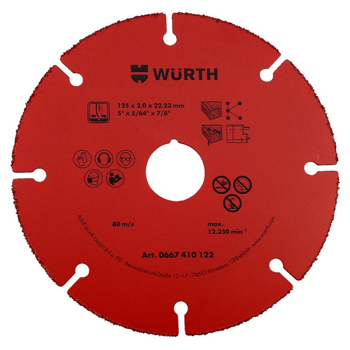 Wurth vágótárcsa, 125x2x22,2mm, különböző anyagokhoz, maximális sebesség 12250 U/min