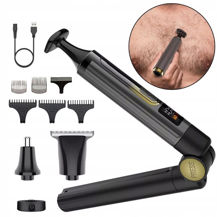 Set 4 in 1 trimmer electric Kemei, cu 5 piepteni, acumulator, rezistent la apa, negru