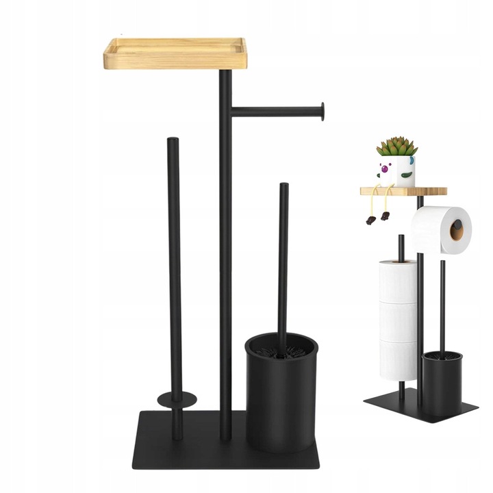 Suport pentru hartie igienica cu polita si perie, negru, set