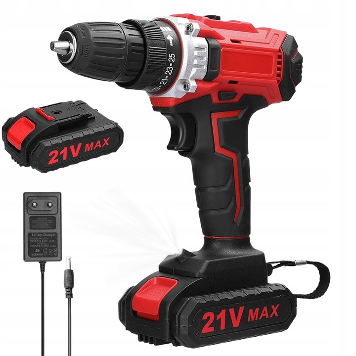 Акумулаторна бормашина BEDEE 21V, 2 батерии, LED, червено-черна