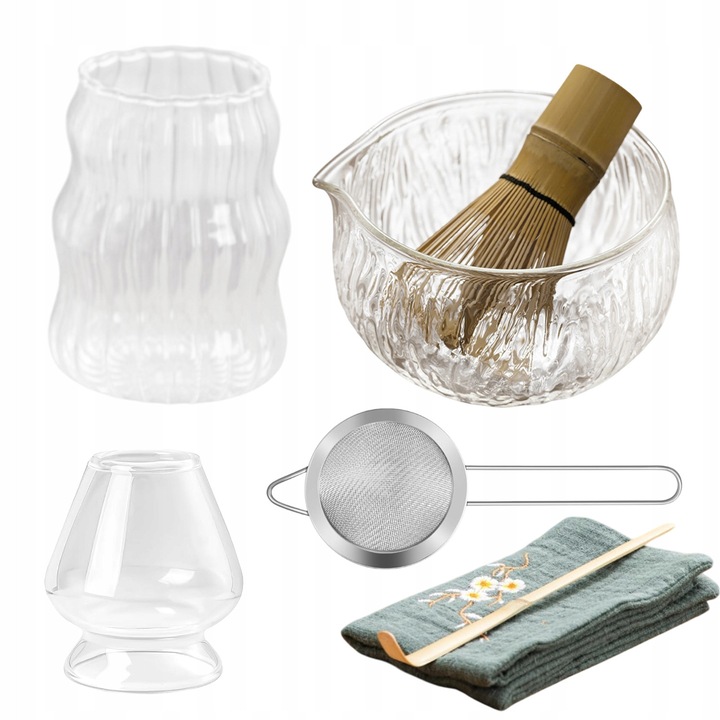 Set Ceremonie Matcha 7 Piese, Miska Sticla, Sita, Miotela Bambus, Transparent, 500ml