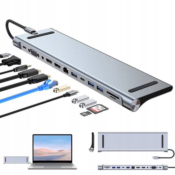 Statie de docare laptop 12 in 1, BEDEE, HDMI 4K, USB 3.0, gri, 280x80x19mm