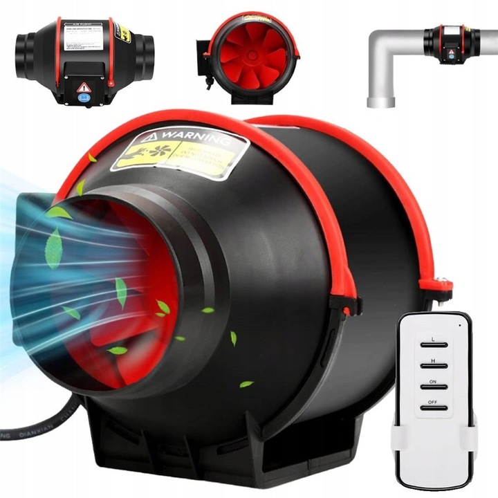 Ventilator de evacuare 100mm, 40W, 310 m/h, cu reglare a vitezei si telecomanda, negru-rosu, set complet