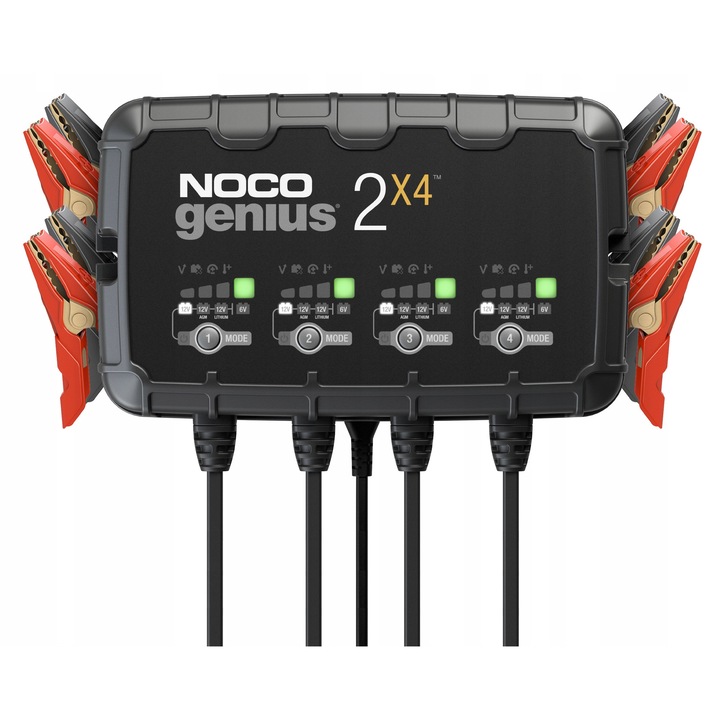 Incarcator auto Noco Genius 2X4 8A, 6V/12V, set cu 4 conectori, dimensiuni 144,8x238,8x58,4mm