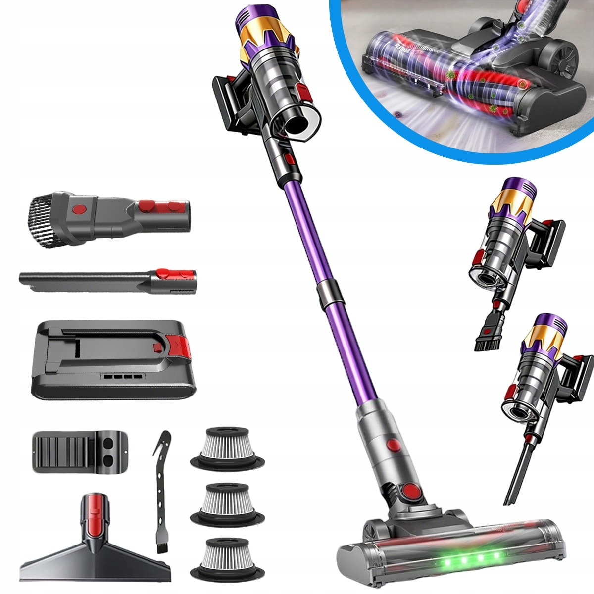 Aspirator vertical fara fir cu perie electrica LED, puternic
