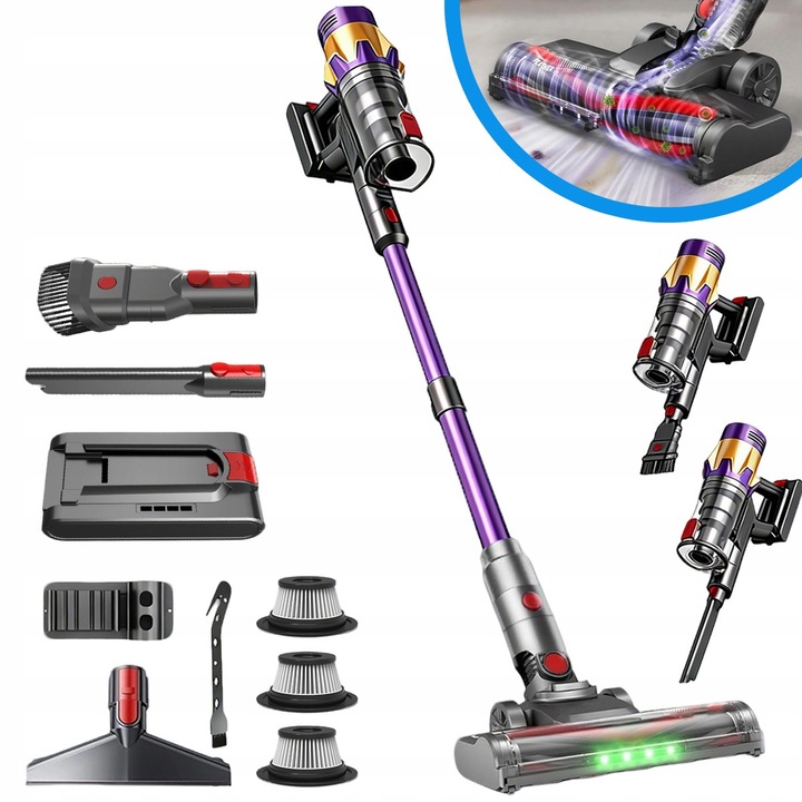 Aspirator vertical fara fir cu perie electrica LED, puternic