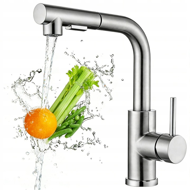 Baterie de bucatarie cu duza retractabila, inox periat, 360°, 2 moduri de jet, set complet