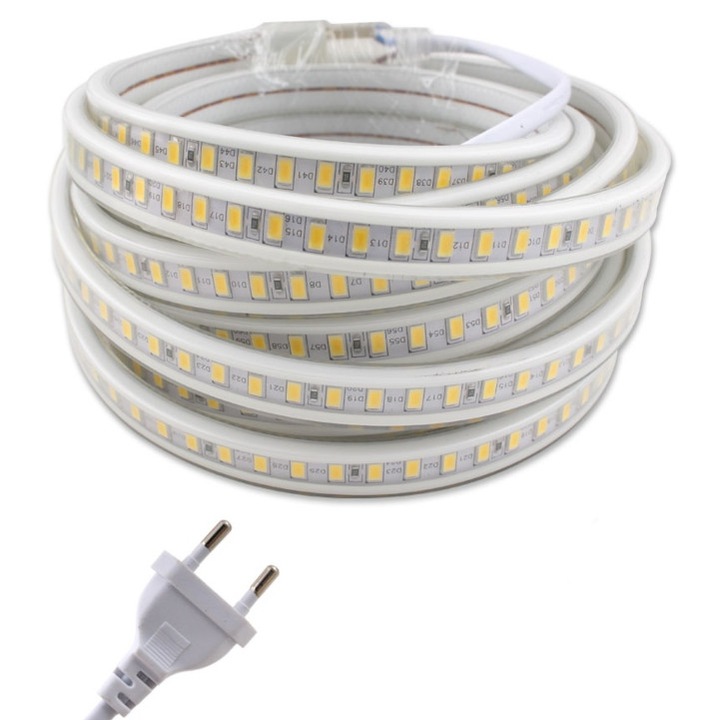 Benza LED SMD 5630, 35m, alb cald, IP67, 230V, cu cablu de alimentare
