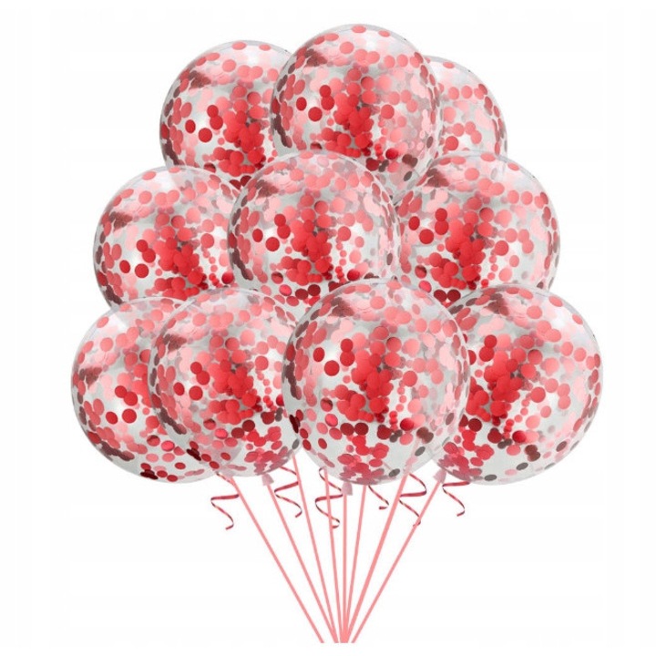 Set 100 baloane transparente cu confetti rosu, 30cm