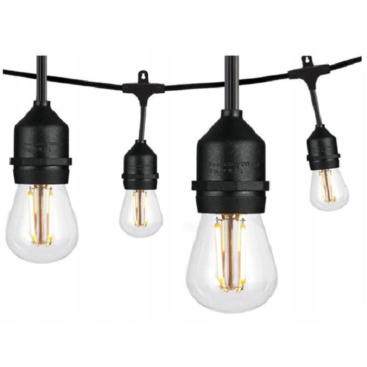 Dekoratív füzér 5m, 10 db E27 LED izzó, vízálló, 2800K, 50cm izzók közötti távolság