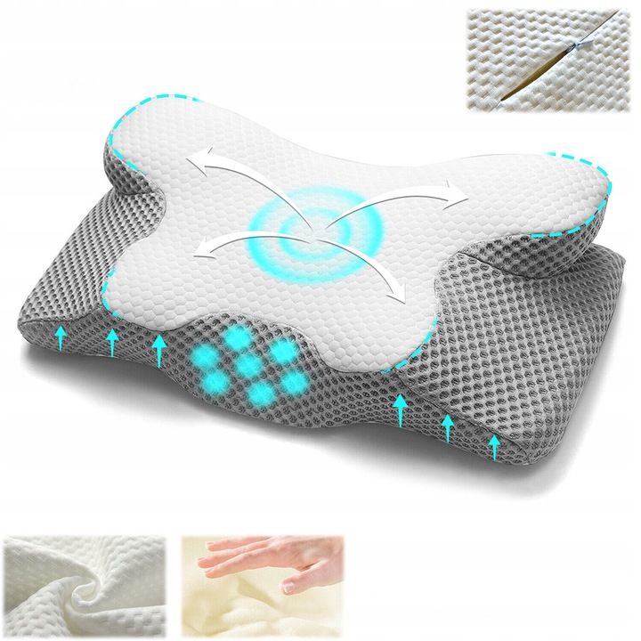 Perna ortopedica din spuma cu memorie, 60x34x13cm, alb-gri, pentru somn pe lateral, design profilat