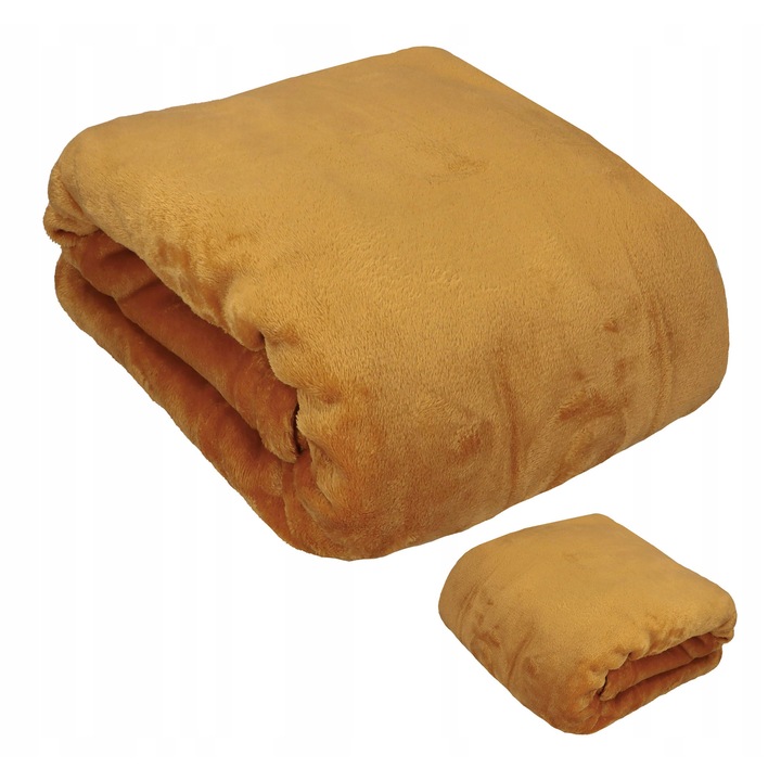 Patura din microfibra 200x220 cm, galben mustar, moale si calduroasa, set