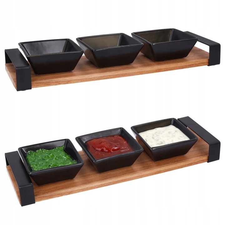 Set boluri ceramice cu tava metalica, negru mat, 32x10x4cm