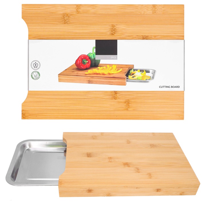 Дъска за рязане от бамбук с прибираща се тава от неръждаема стомана, 35x25x4 см