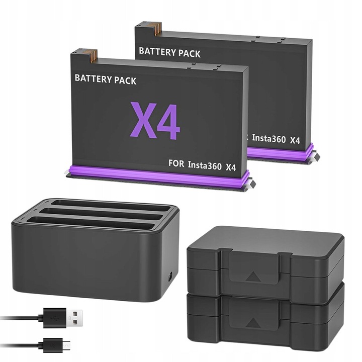 Комплект 2 батерии 2500mAh с 3-слотово зарядно устройство за видеокамера Insta360 X4, черно/виолетово, размери 6.4x1.5x4cm, 7.6x6.3x3.4cm