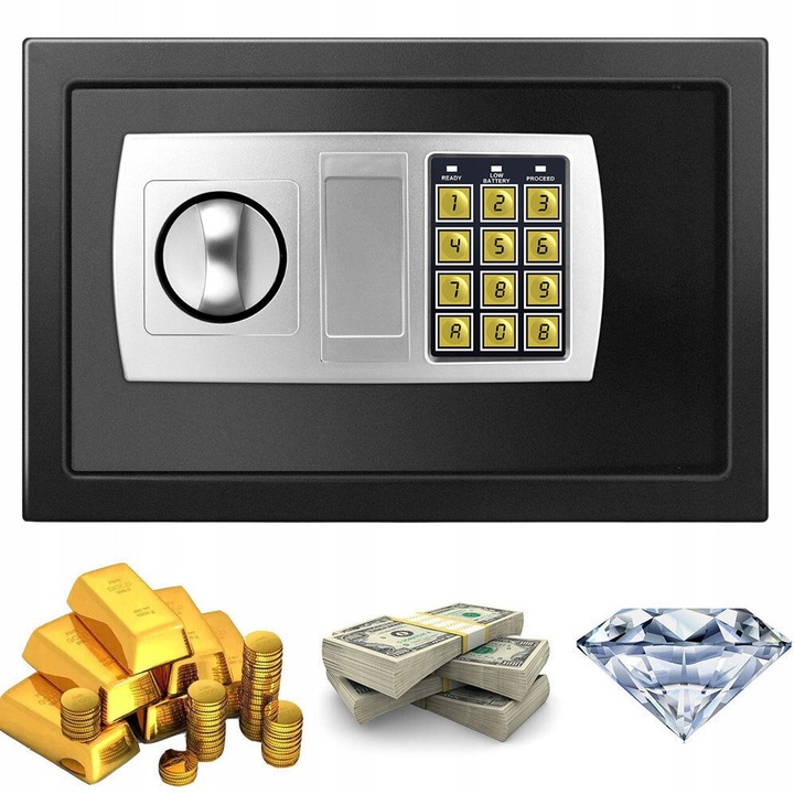 Seif metalic compact 8.5L cu zavor digital si cheie, 31x20x20cm, rezistent la foc si apa, set complet