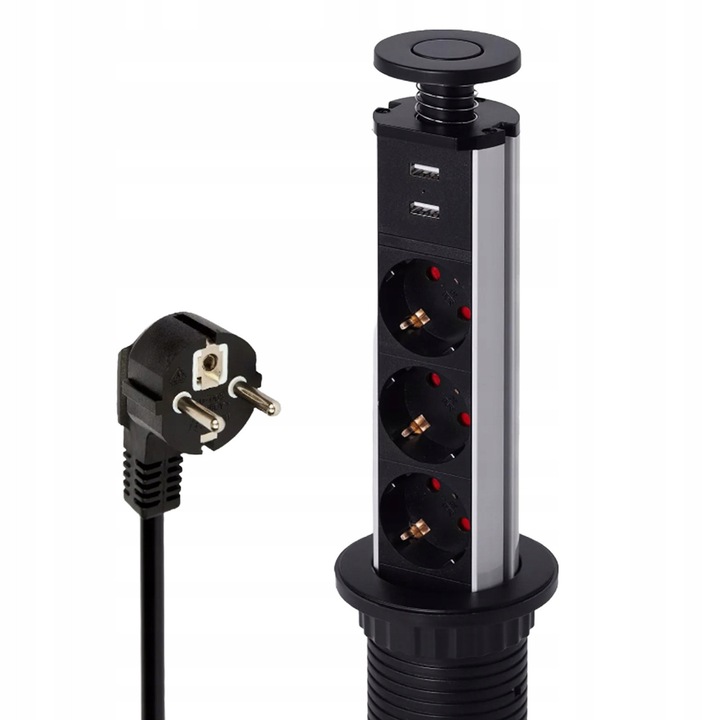 Prelungitor cu 3 Gniazda si 2 Porturi USB, BEDEE, Negru, 29x8,1cm, cu Protectie pentru Copii