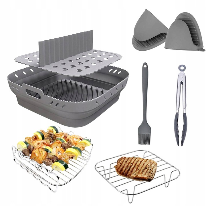 Set accesorii pentru friteuza BEDEE, 8 piese, cu separator, silicon, gri, pentru coacere si gatire