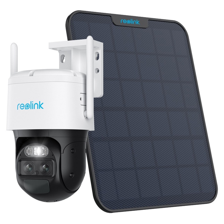 Camera de supraveghere WiFi Reolink Trackmix cu urmarire dubla si panou solar 6W, 2K, neagra, set