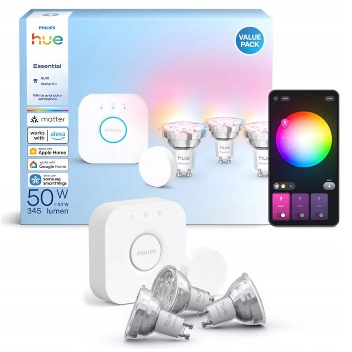 Стартов комплект Philips Hue: 3 интелигентни крушки GU10, 345 lm, с интелигентен бутон