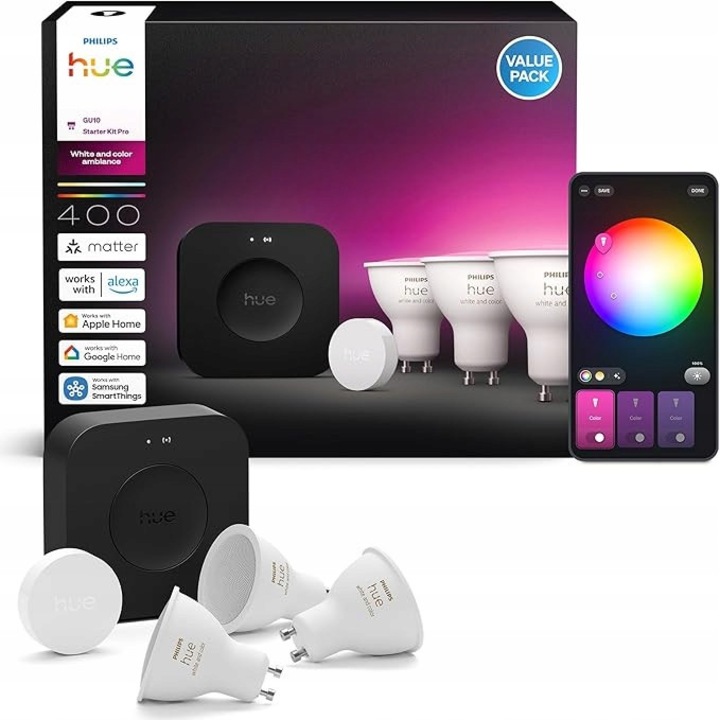 Комплект Philips Hue, 3 крушки GU10, със смарт бутон за включване