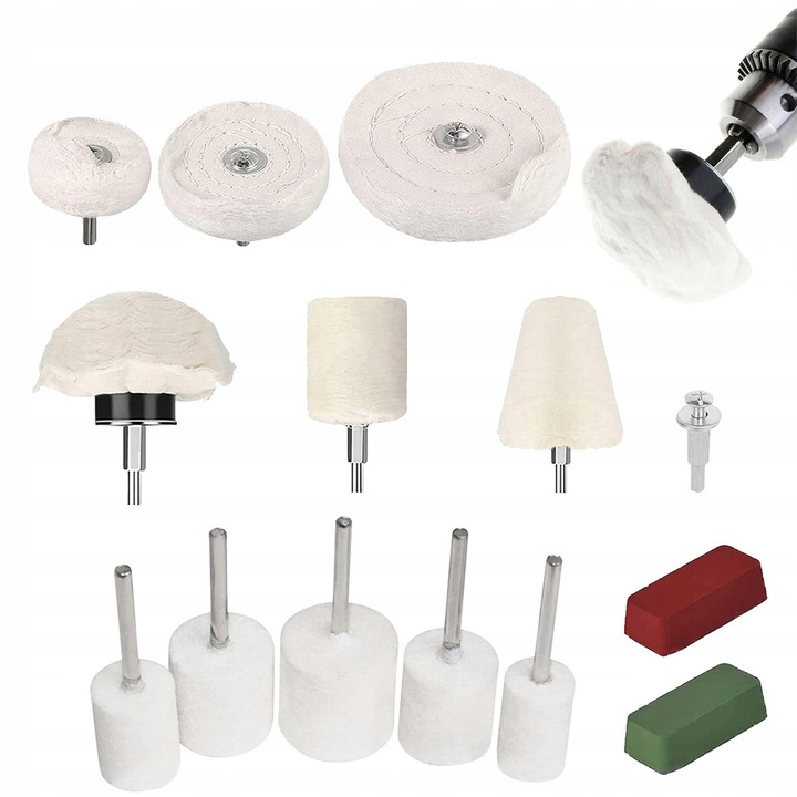 Set 14 Accesorii Polizare pentru Wiertarka, 6 Taciuni Polizare, 5 Capete Polizare, 2 Paste Polizare, 1 Adapter 1/4"