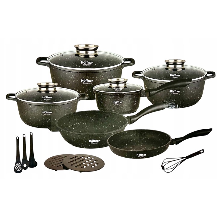 Set oale si tigai Hoffner Elegance, 16 elemente, negru marmorat, diverse dimensiuni