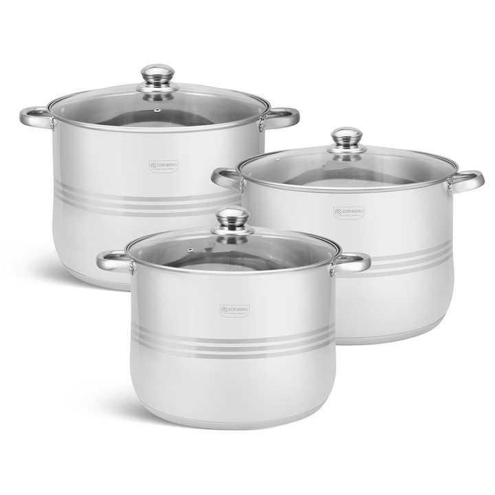 Set 3 oale Edenberg, 17L, 20L, 23L, inox, cu capac din sticla