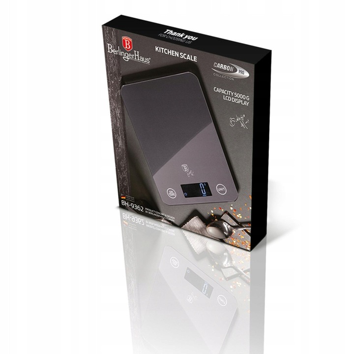 Кухненска везна Berlinger Haus Metallic Line Carbon Pro, 5кг, стъкло, 19,5x14,5см, комплект 2 батерии AAA
