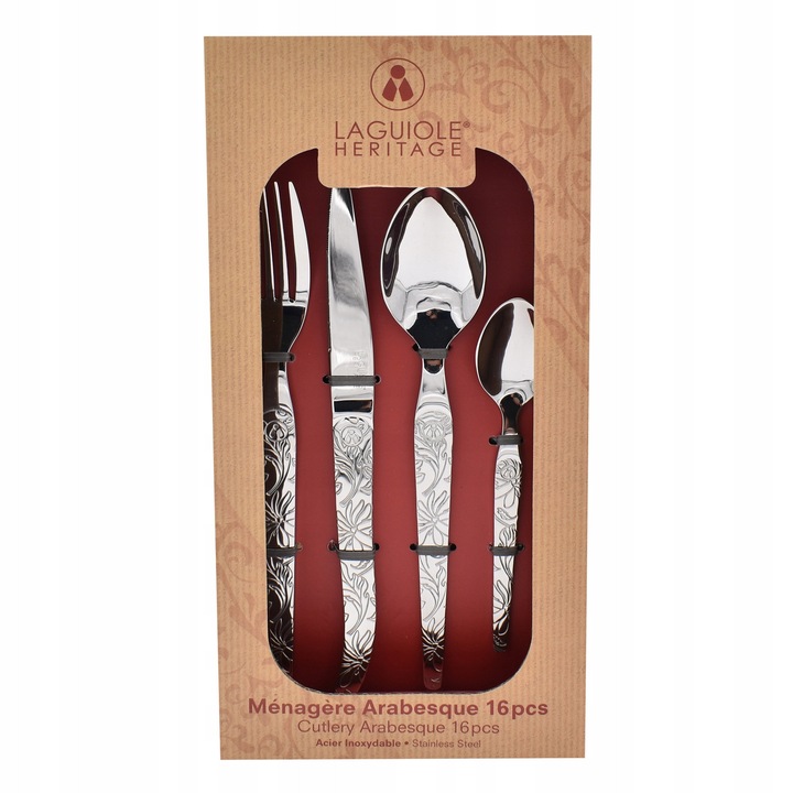 Laguiole ARABESQUE evőeszközkészlet, 16 darabos, elegáns design, méretek 14x7,5x28,5cm, többszínű