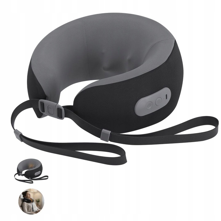 Perna de masaj pentru gat si ceafa USB, 1200 mAh, negru-gri, 22x22x10,9cm, set cu cablu USB Type-C