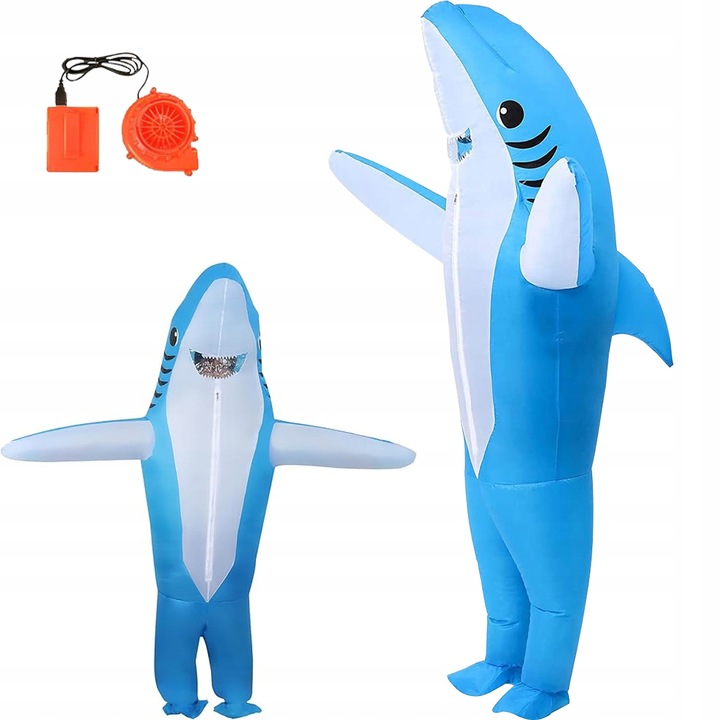 Costum nadmucit rechin, 150-190 cm, albastru si alb, set cu ventilator