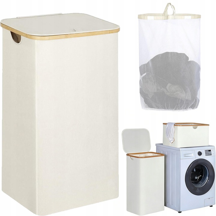 Cos pentru rufe, 63L, bej, cu manere, capac