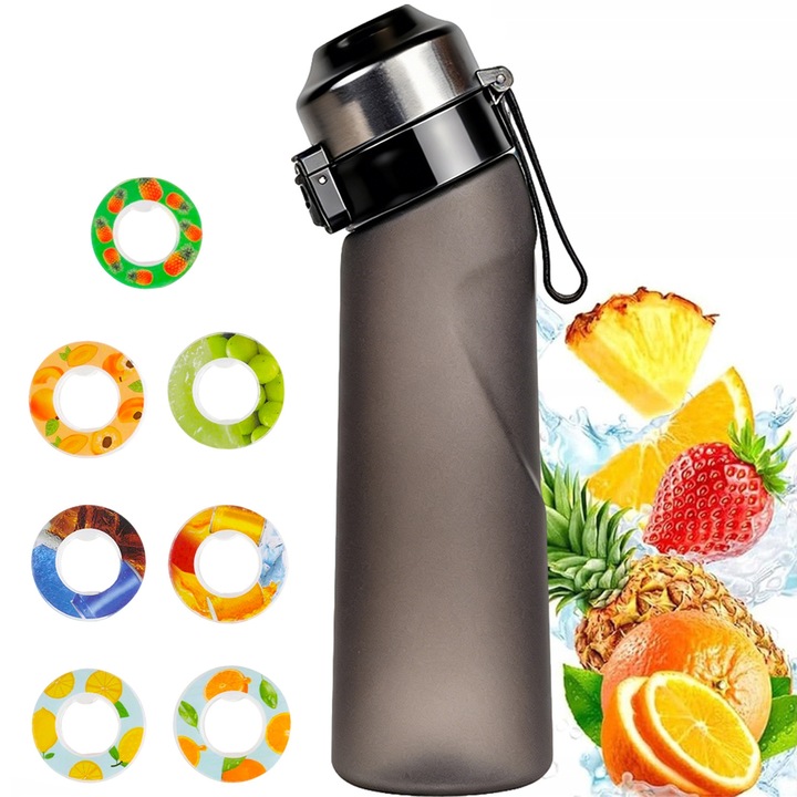 Спортна бутилка 650 мл със 7 аромата, черна, със сламка