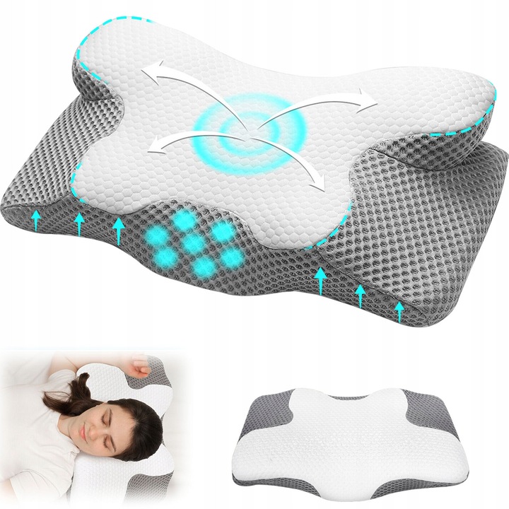 Perna ortopedica din spuma cu memorie, 60x34x13cm, alb-gri, pentru somn pe lateral si pe burta