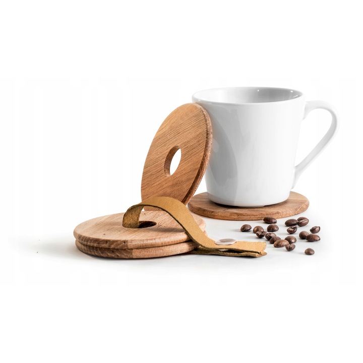 Set 4 suporturi bauturi din lemn de stejar cu curea din piele, Sagaform, Nature, 9,5cm