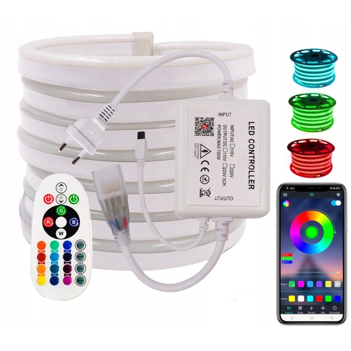 Benza LED NEON RGB 15m cu pilot Bluetooth, 60 LED/m, multicolor, 20mm x 10mm