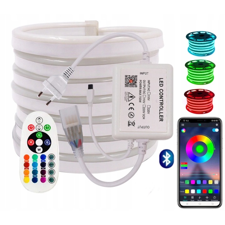 Benza LED NEON RGB 2835, 25m, multicolor, cu telecomanda si Bluetooth