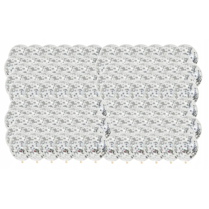 Balon transparent cu confetti metalic SREBRNY, set 100 buc, 30 cm