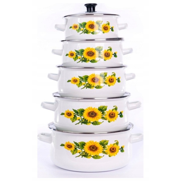 Set oale emaliate cu capace, 5 piese, 1.4L-5.0L, alb, pentru toate tipurile de plite