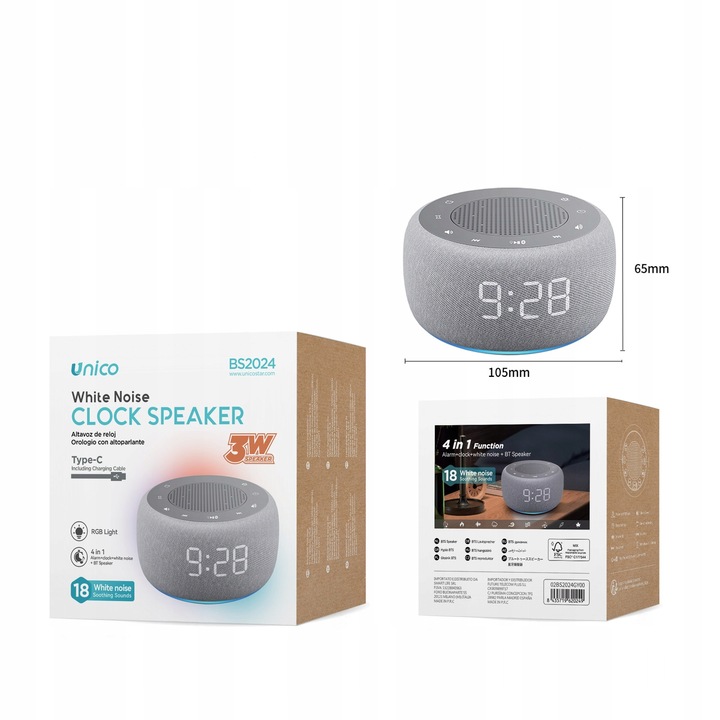 UNICO dekoratív óra, 4 az 1-ben ébresztőóra, színes fény, Bluetooth, hangerőszabályzó, teljes készlet