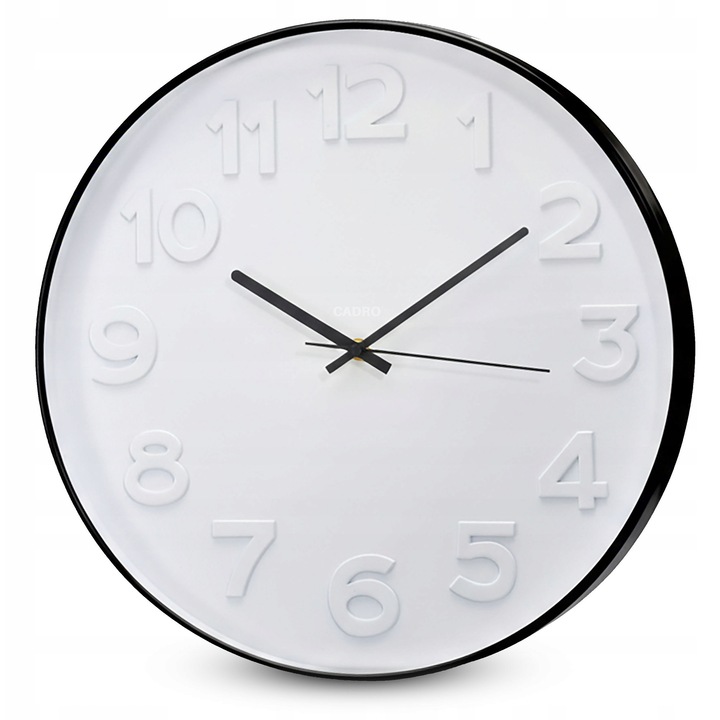 Стенен часовник Cadro 40 см, 3D цифри, черно-бял, модерен дизайн