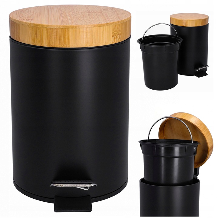 Cos de gunoi 3L cu capac, metalic negru mat, cu deschidere pe pedala, set cu recipient detasabil