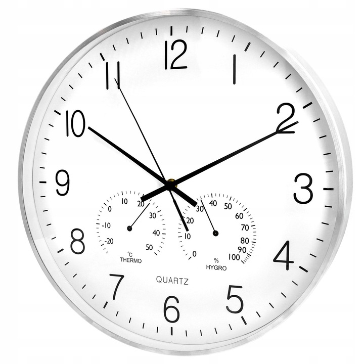 Ceas decorativ cu statie meteo, 38 cm, argintiu, cu termometru si higrometru