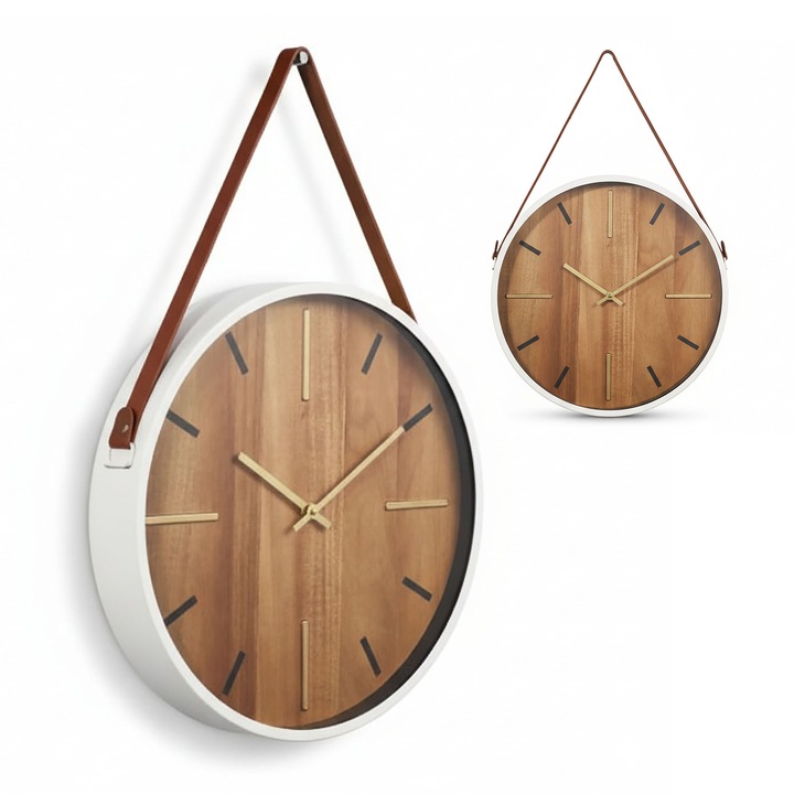 Ceas de perete decorativ 38 cm, design rustic-modern, alb, cu suport din PU, set 1 buc.