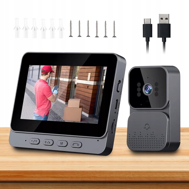 BEDEE 4,3" IPS vezeték nélküli videó csengő, fekete, 11,2x9,3x1,8 cm, éjjellátó funkcióval