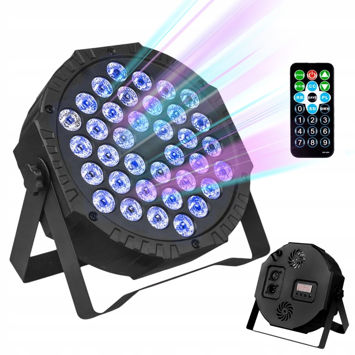 RGB Par сценична лампа, 36 LED, черна, 17,6x5,5x17,6см, комплект със стойка и дистанционно управление