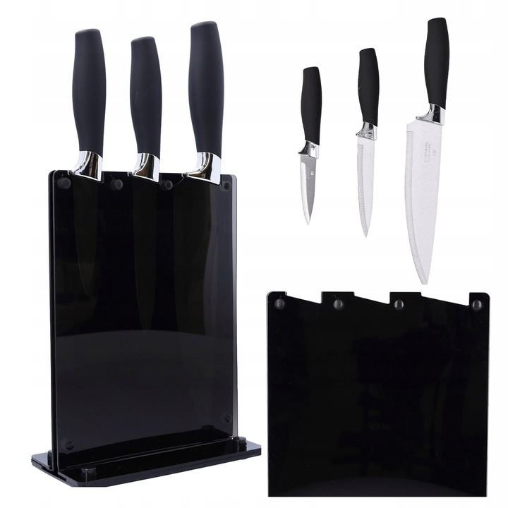 Set 3 cutite de bucatarie cu suport acrilic, inox, negru, dimensiuni 33,5x15,5x22cm