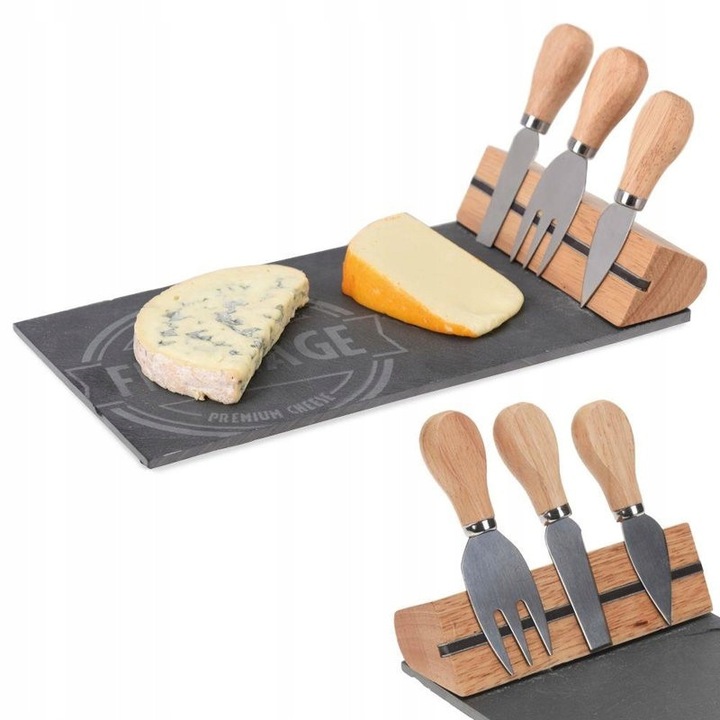 Плато за сервиране на сирена, Excellent houseware, 3 ножа от неръждаема стомана, 32x15,5x5см, многоцветен